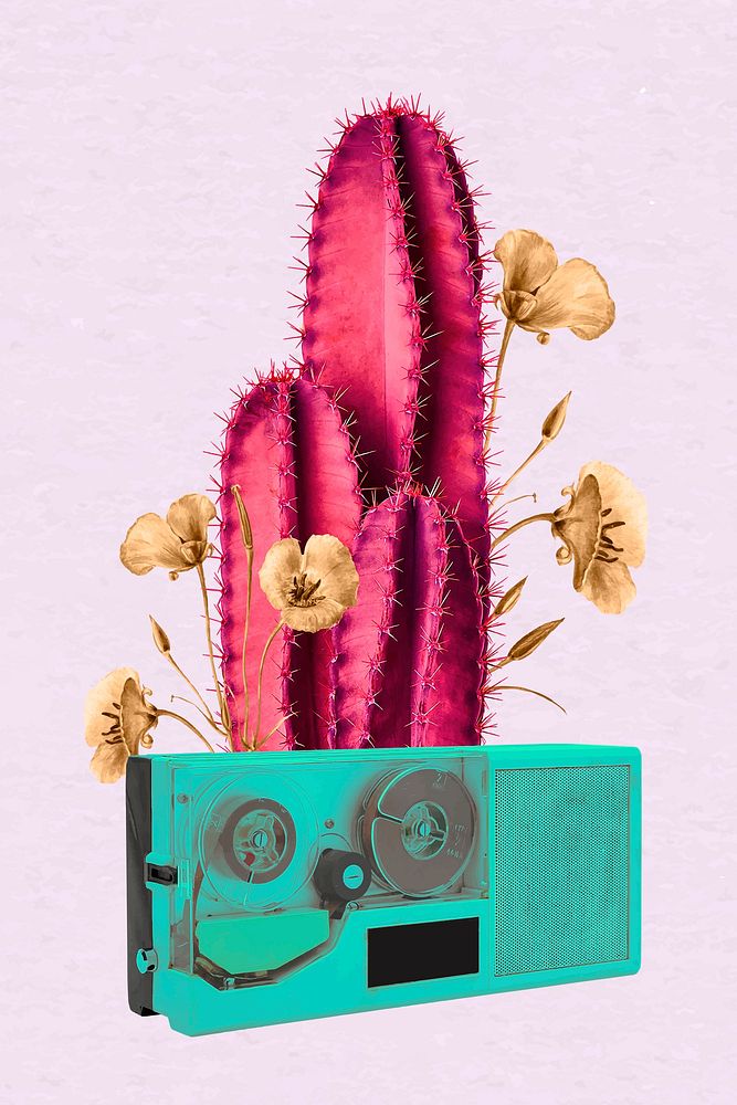 Collage retro neon cactus vector, negative effect funky mixed media art