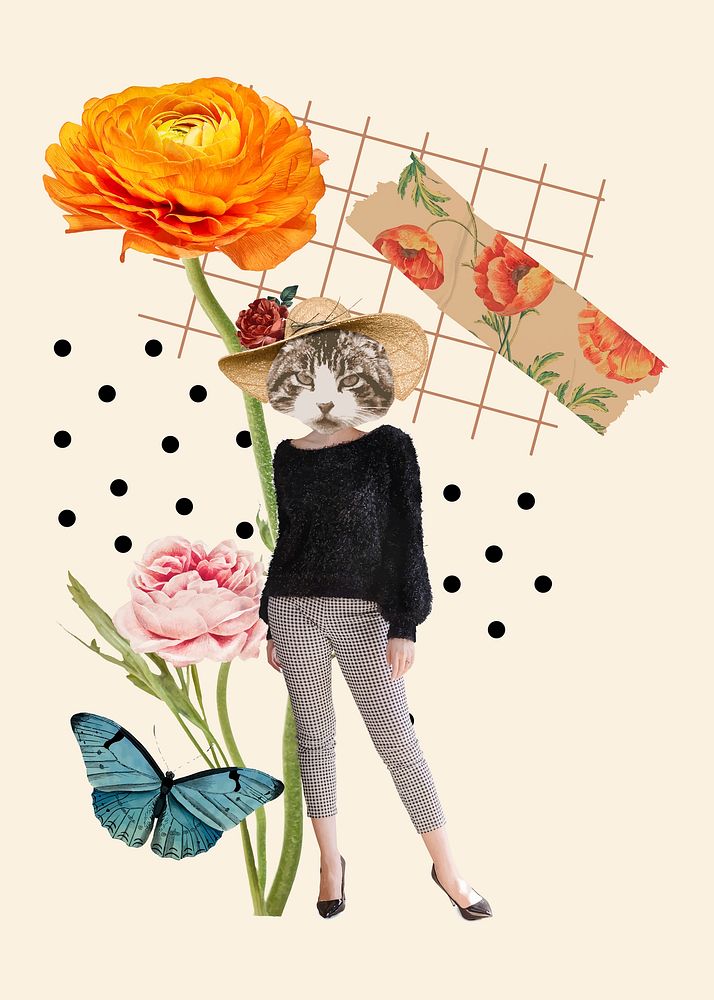 Collage vintage feminine aesthetic element, cat illustration collage mixed media art