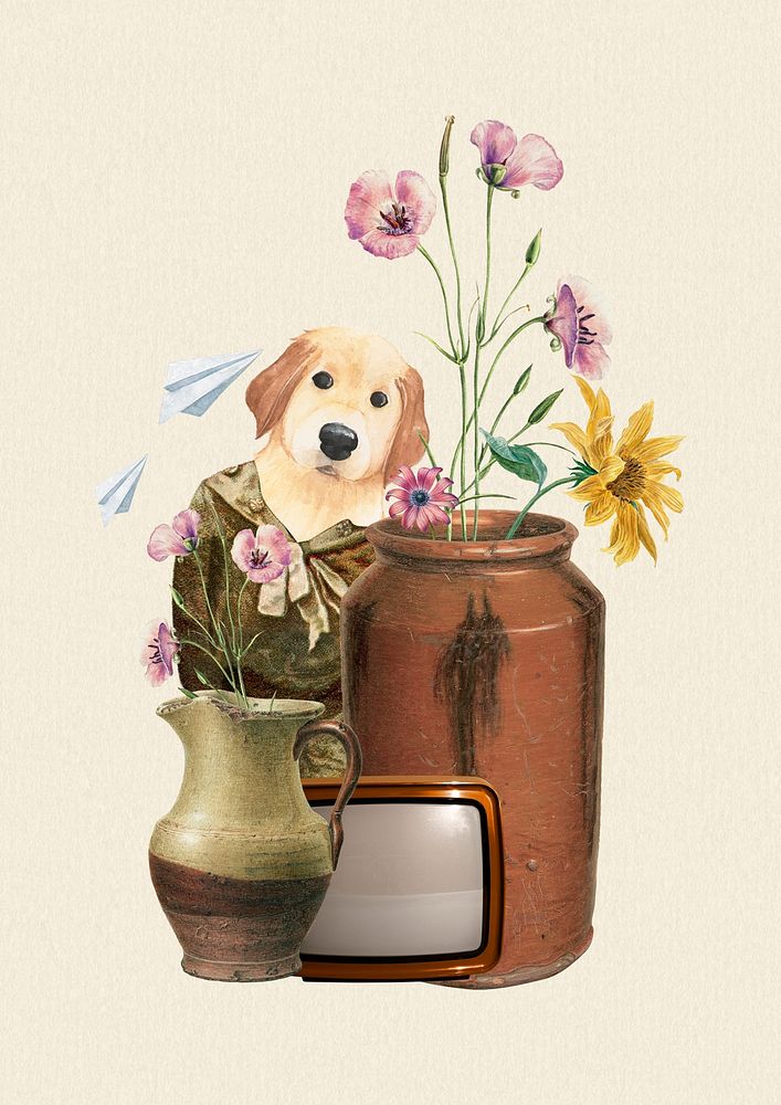 Collage vintage dog illustration sticker psd, printable animal collage mixed media art