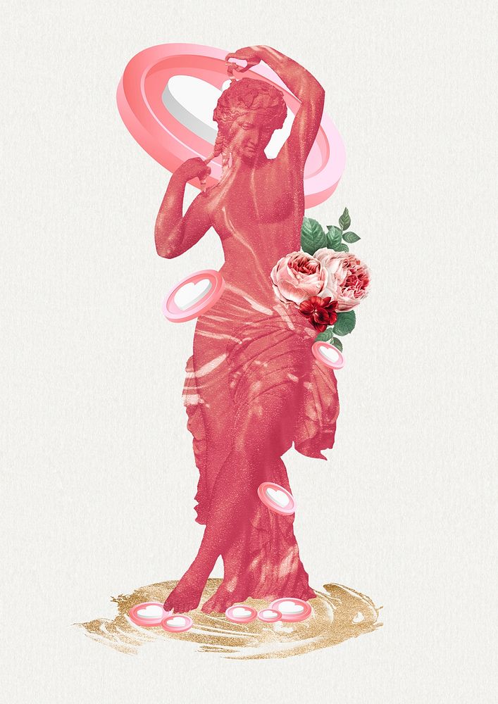 Pink collage antique goddess statue psd, goddess of love and social media heart icon