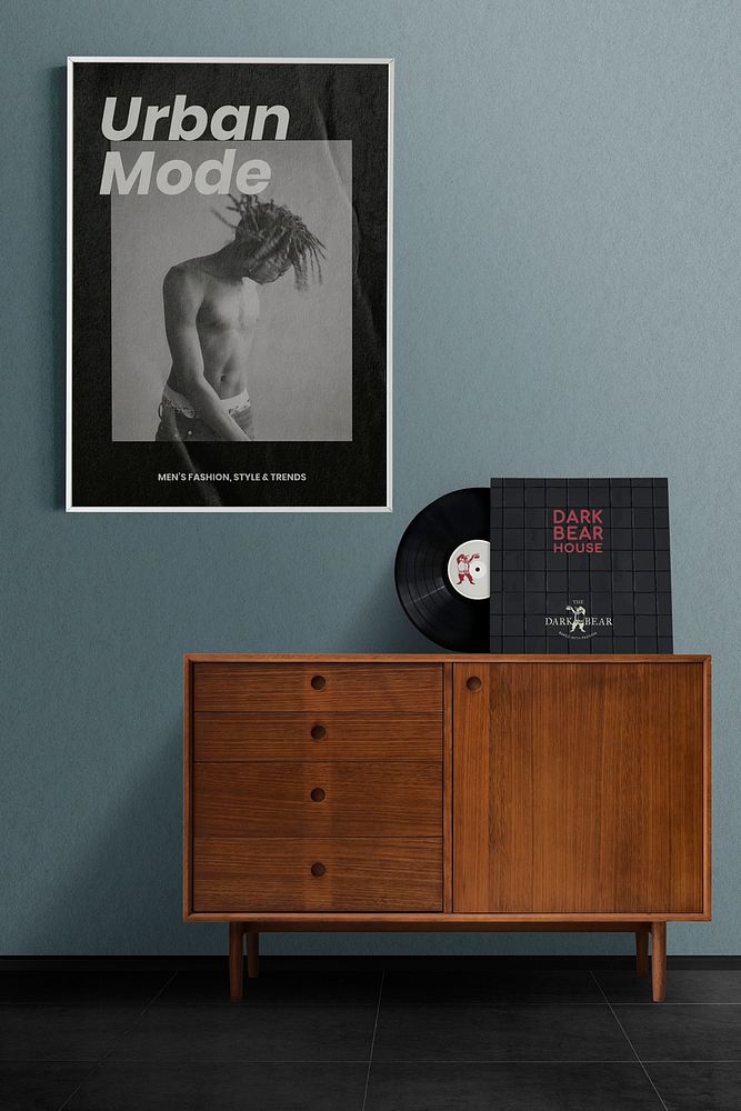 Living room picture frame mockup psd, vinyl and record player