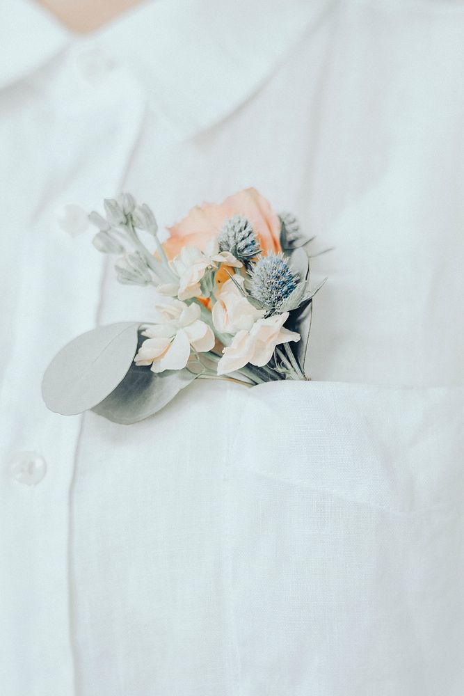 Groom&rsquo;s white pocket flower, wedding aesthetic photo