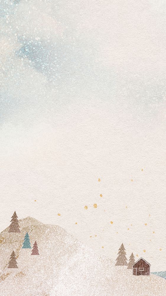 Winter landscape mobile wallpaper, glitter & watercolor design
