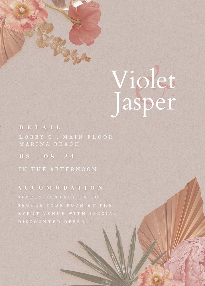 Aesthetic wedding invitation card template, beige floral design psd