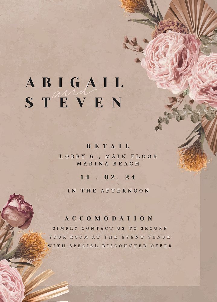 Aesthetic wedding invitation card template, floral beige design vector