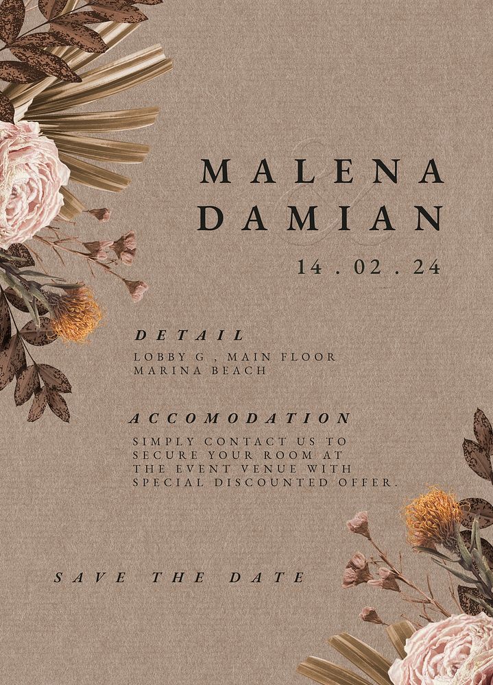 Floral wedding invitation card template, aesthetic beige design psd