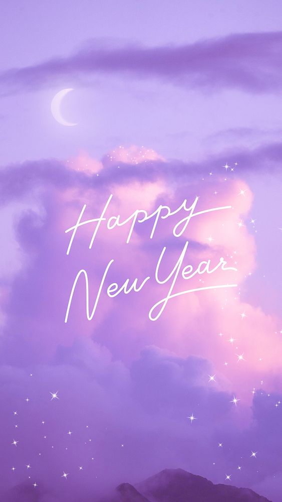 Aesthetic new year greeting, social media story design, purple cloudy sky background