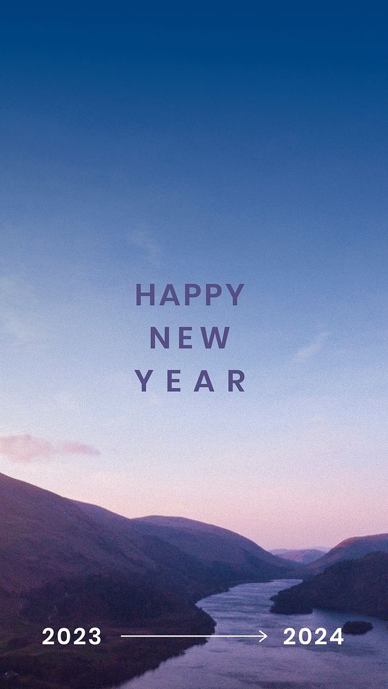 New year 2024 greeting, Instagram story post design, sunrise mountain background