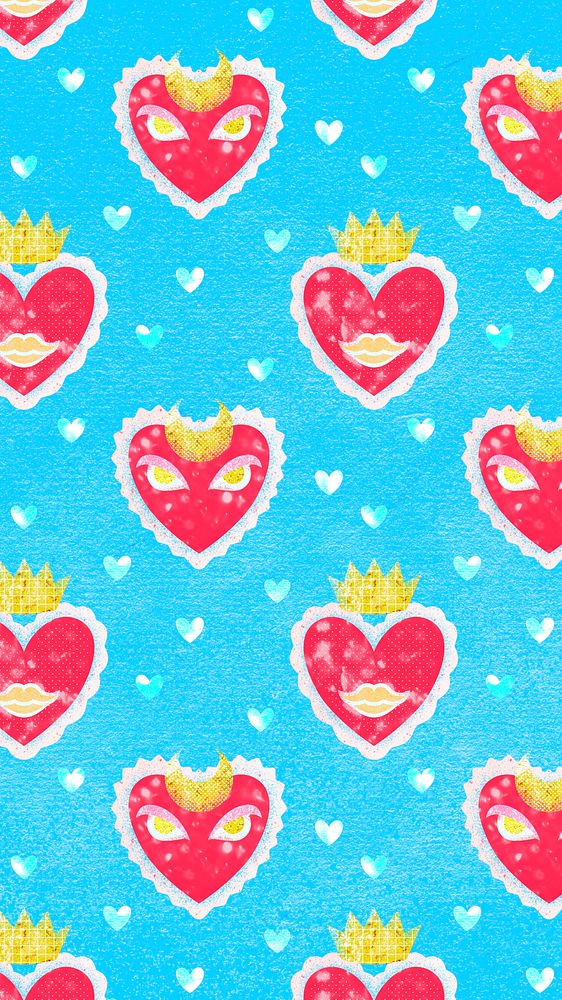 Kidcore heart pattern mobile wallpaper, blue aesthetic design
