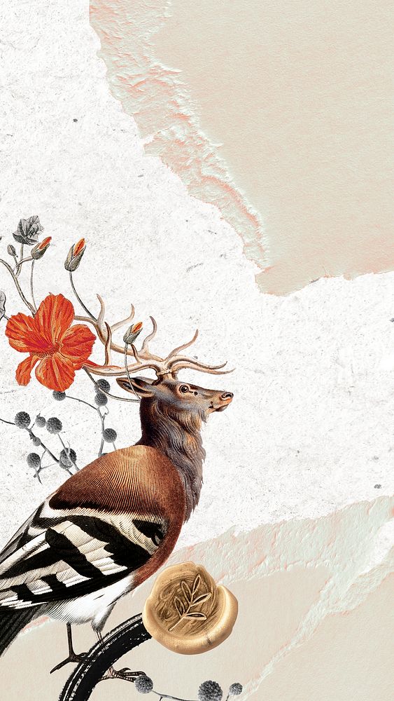 Deer and bird iPhone wallpaper, vintage surreal collage scrapbook artwork background