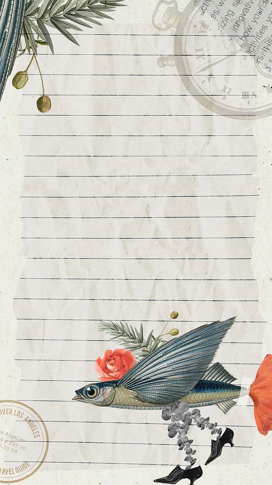 Flying fish iPhone wallpaper, vintage surreal lined note collage scrapbook background