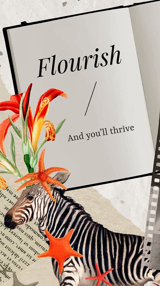 Retro animal collage instagram story template, editable vintage surreal zebra and flower scrapbook artwork with quote for…