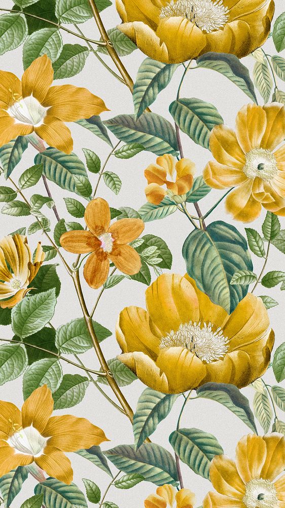 Yellow flower pattern mobile wallpaper, vintage botanical background, remix from the artworks of Pierre Joseph Redout&eacute;