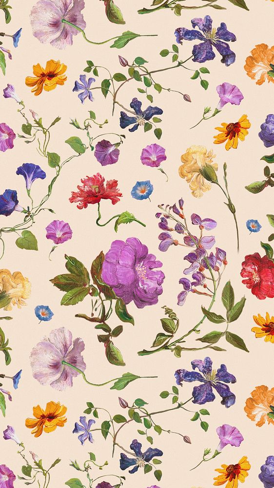 Vintage flower pattern mobile wallpaper, botanical background, remix from the artworks of Pierre Joseph Redout&eacute;