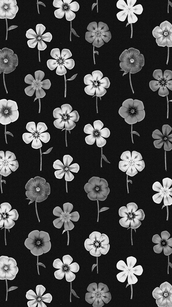 Black flower pattern iPhone wallpaper, vintage botanical background, remix from the artworks of Pierre Joseph Redouté