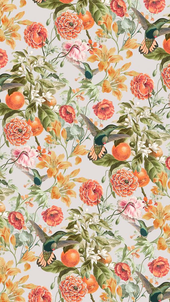 Botanical pattern mobile wallpaper, vintage botanical background, remix from the artworks of Pierre Joseph Redout&eacute;