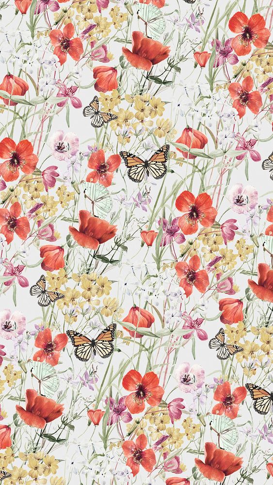 Butterfly & flower pattern phone wallpaper, vintage botanical background, remix from the artworks of Pierre Joseph…