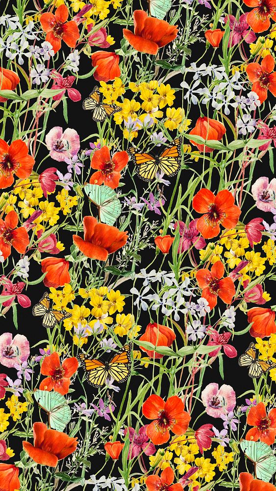 Botanical pattern phone wallpaper, vintage butterfly background, remix from the artworks of Pierre Joseph Redout&eacute;