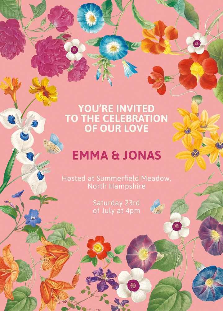 Flower invitation card template, wedding theme design psd, remixed from original artworks by Pierre Joseph Redout&eacute;