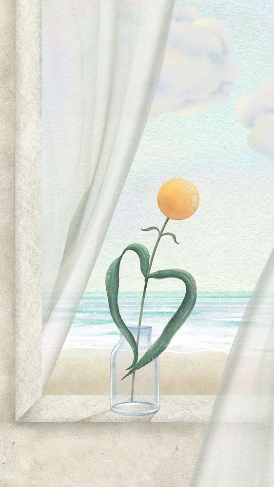 Flower vase window phone wallpaper, seaside view illustration high resolution background 
