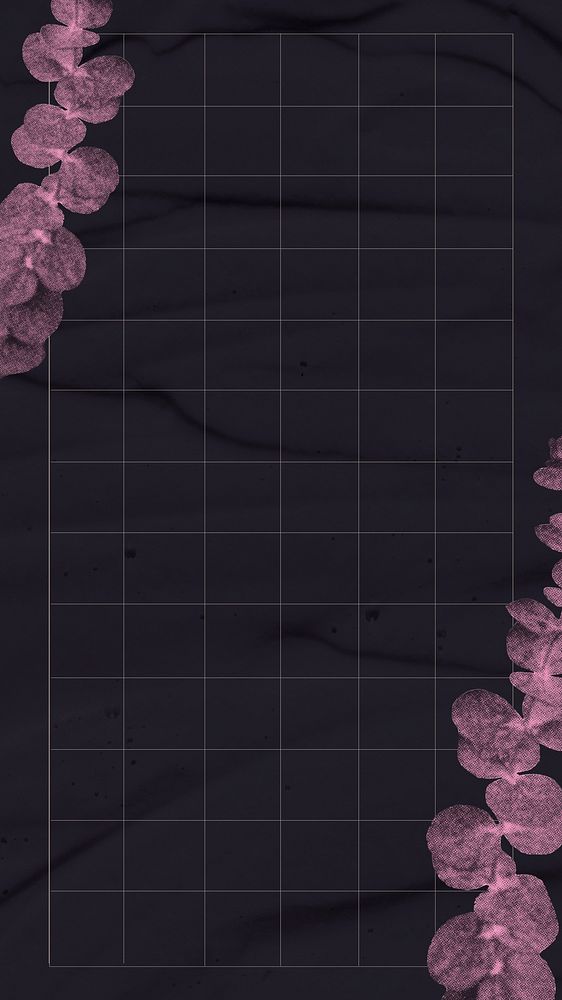Black & pink mobile wallpaper, botanical borders on grid background