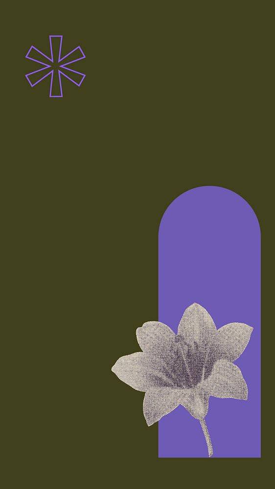 Retro flower mobile wallpaper, wood lily in minimal purple & green halftone remix background