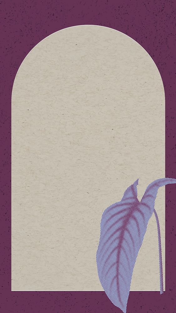 Purple arch mobile wallpaper, retro aesthetic philodendron plant in halftone design frame vector