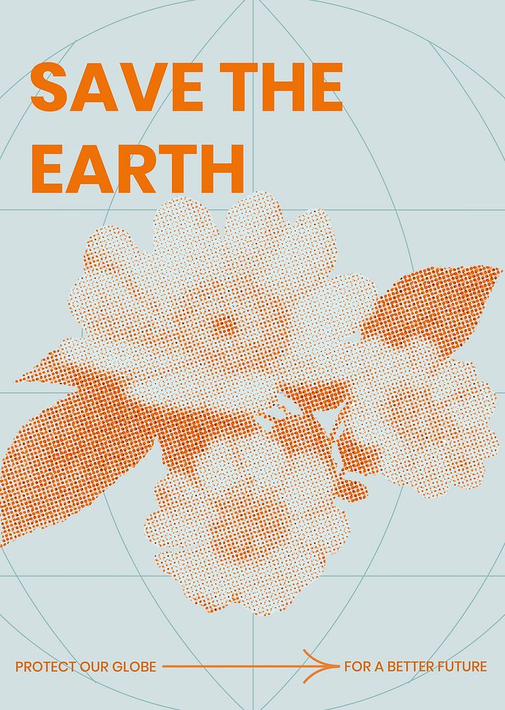 Retro floral poster template, modern aesthetic orange halftone, save the earth design vector