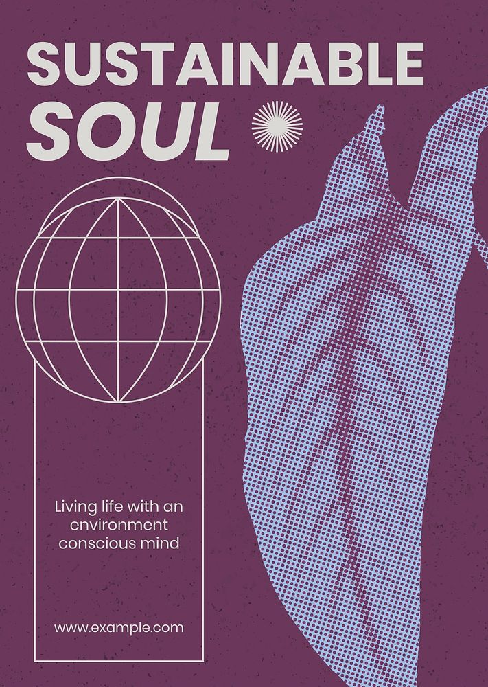 Retro nature poster template, modern aesthetic purple halftone, sustainable soul design psd