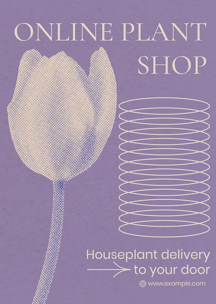 Retro flower poster template, modern aesthetic purple halftone, online plant shop design vector