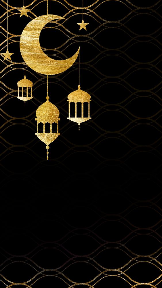 Gold Ramadan lanterns phone wallpaper design