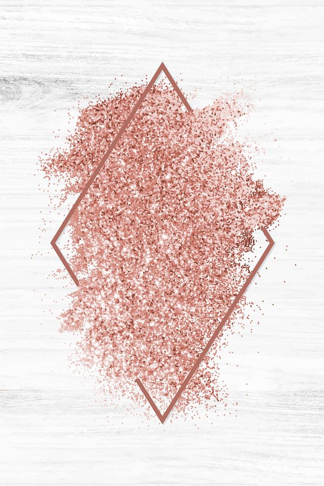 Pink gold glitter with a rhombus frame on a white wood background