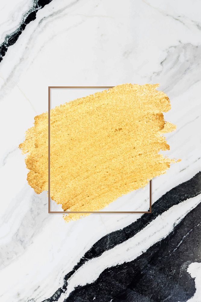Gold paint with a golden rectangle frame on a white marble background vector