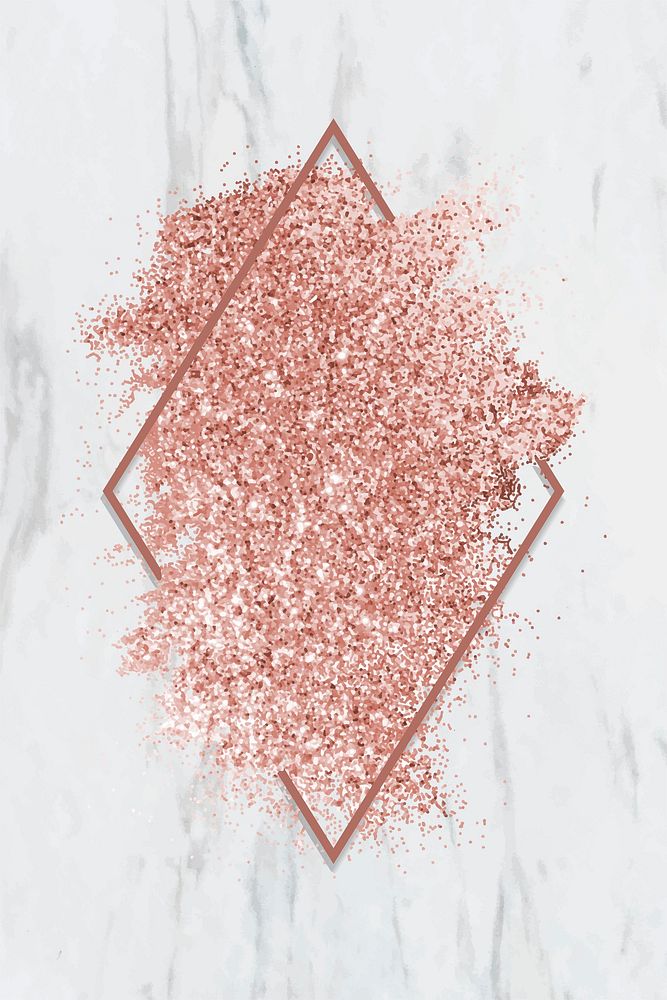 Pink gold glitter with a brownish red rhombus frame on a grayish white marble background vector