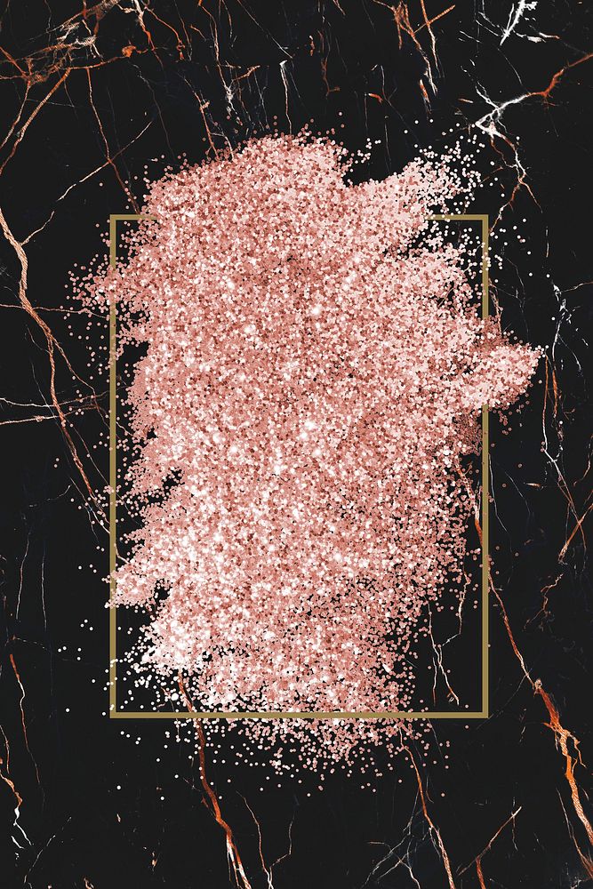 Pink gold glitter with a brownish red rhombus frame on a black marble background illustration
