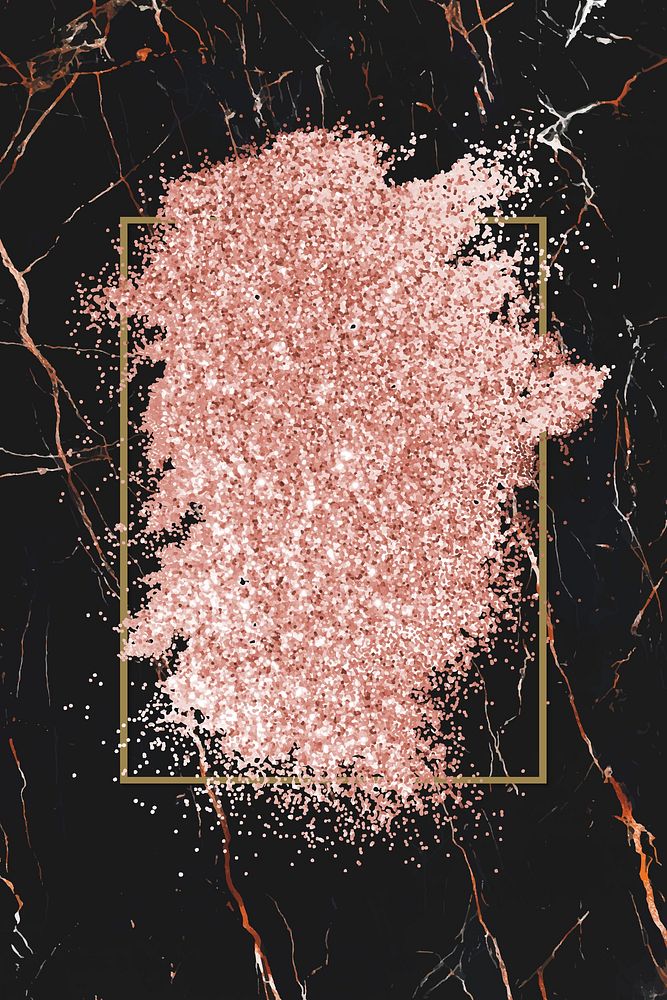Pink gold glitter with a brownish red rhombus frame on a black marble background vector
