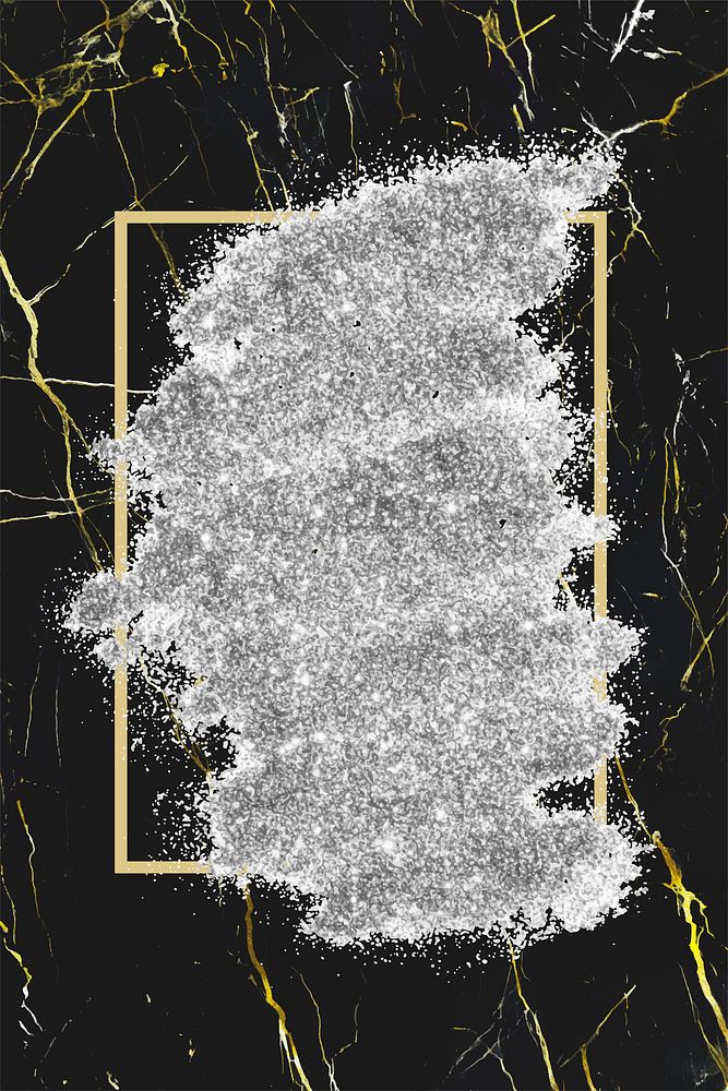 Silver glitter with a gold frame on a black marble wood background vector