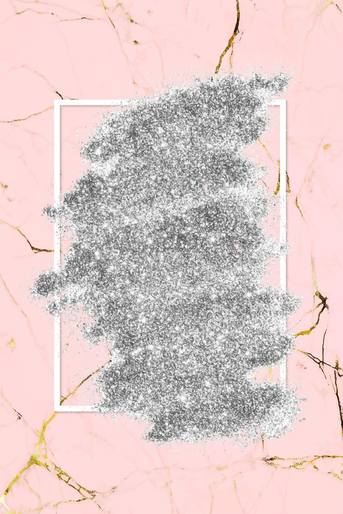 Silver glitter with a white frame on a pink marble background
