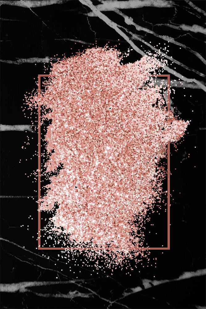 Pink gold glitter with a brownish red rhombus frame on a black marble background vector