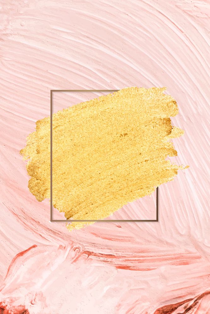 Gold paint with a golden rectangle frame on a pastel pink brush stroke textured background vector