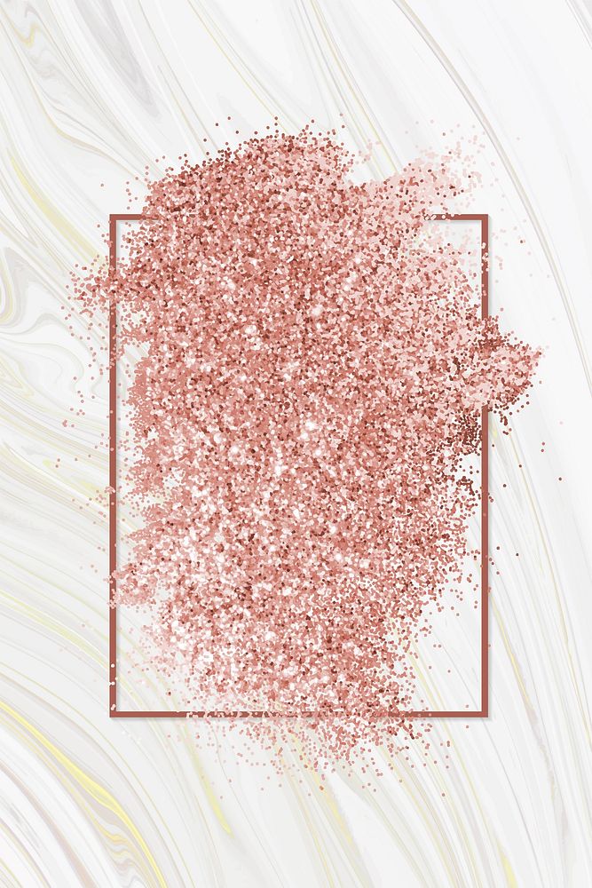 Pink gold glitter with a brownish red rhombus frame on a white fluid patterned background vector