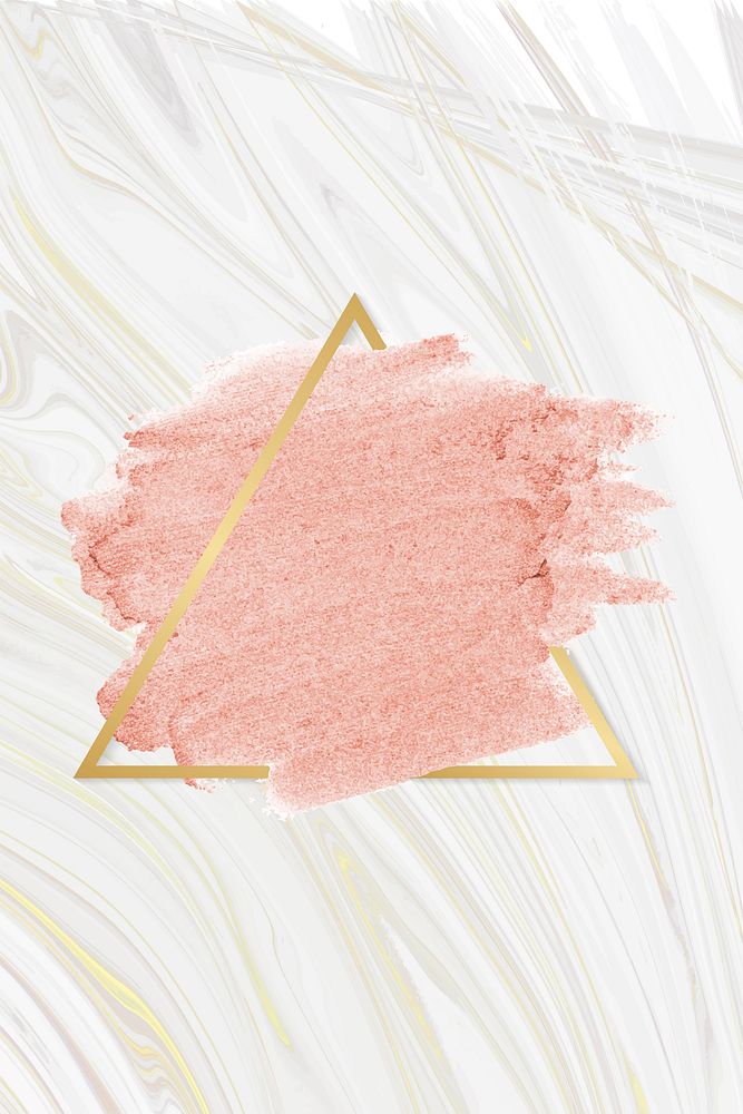 Pastel pink paint with a gold triangle frame on a white fluid patterned background vector