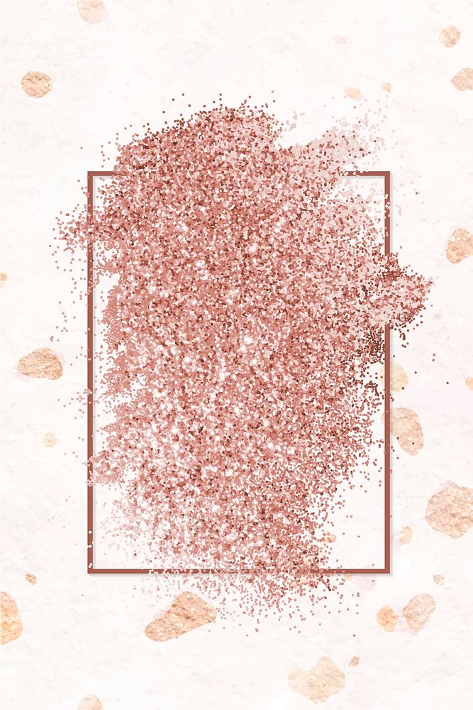 Pink gold glitter with a brownish red rhombus frame on a white marble background vector