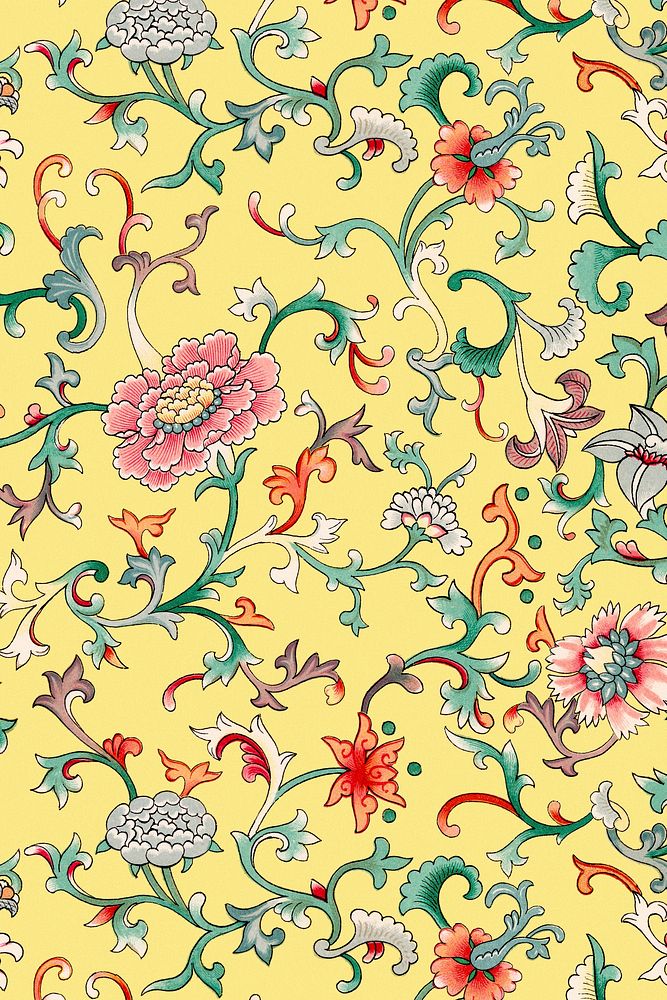 Chinoiserie yellow flower background, ethnic Asian flower graphic