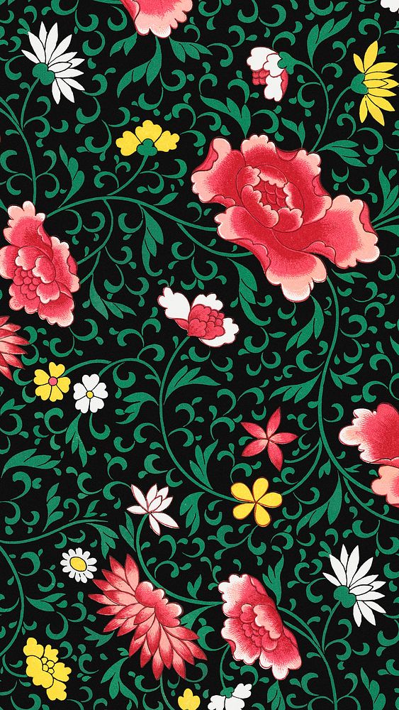 Oriental flower pattern mobile wallpaper, vintage colorful background 