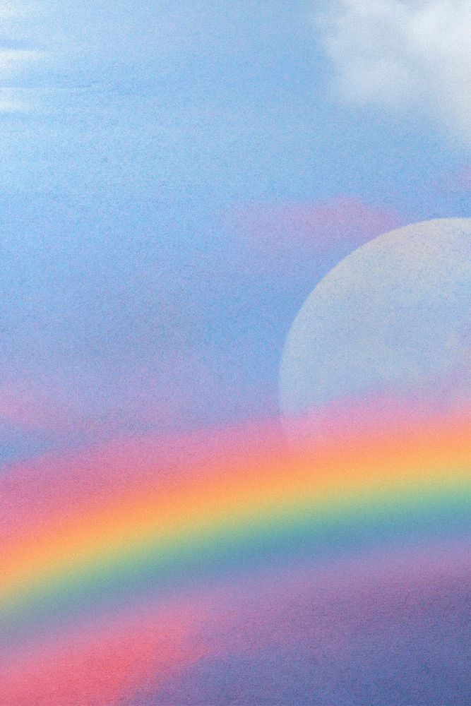 Blue background, rainbow in sky 