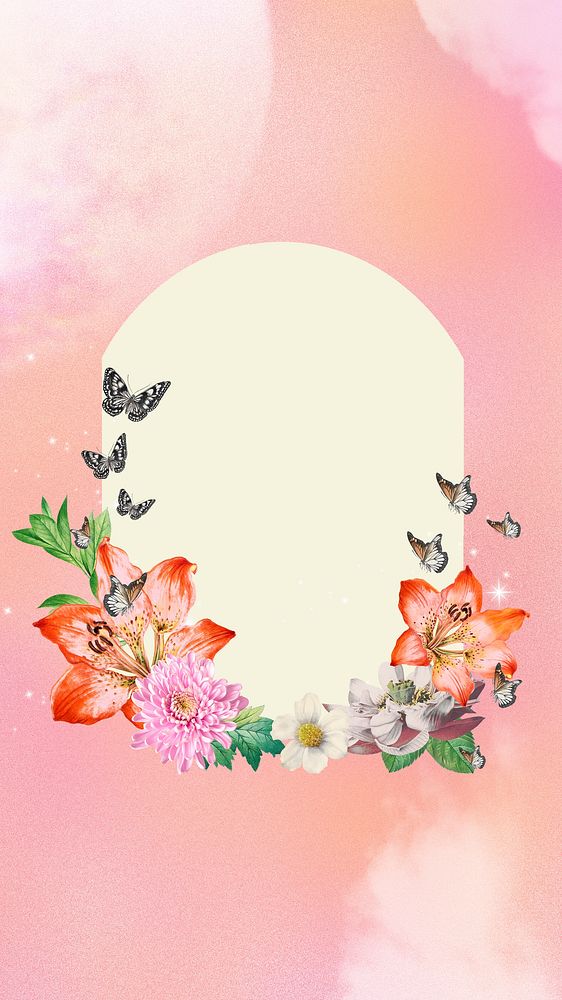Floral arch frame iPhone wallpaper, dreamy pink background