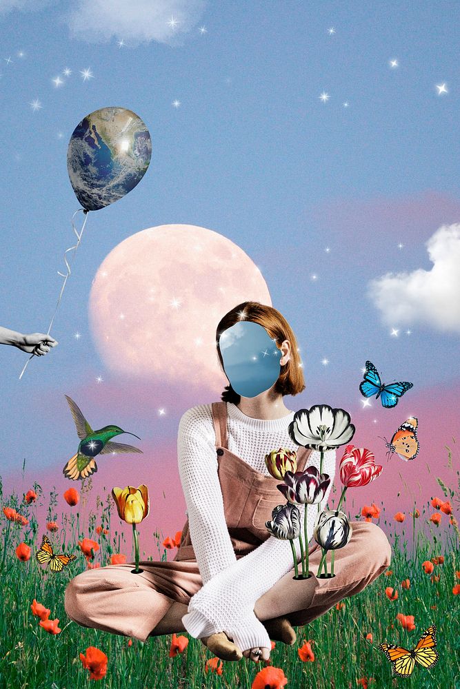 Faceless woman background, aesthetic surreal landscape mixed media illustration