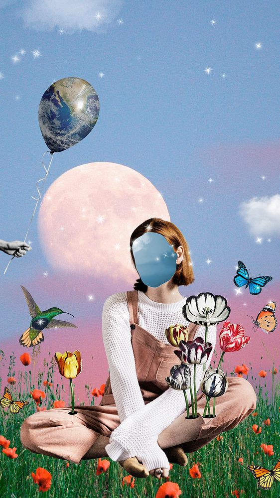 Aesthetic surreal landscape phone wallpaper, faceless woman background