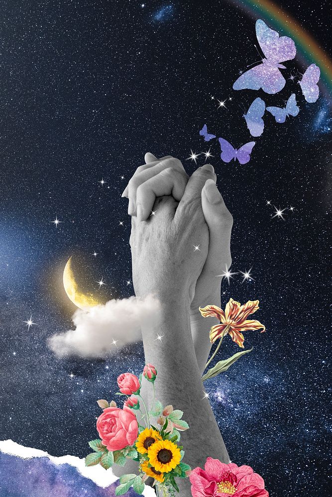 Clasped hands background, surreal sky, collage design mixed media illustration